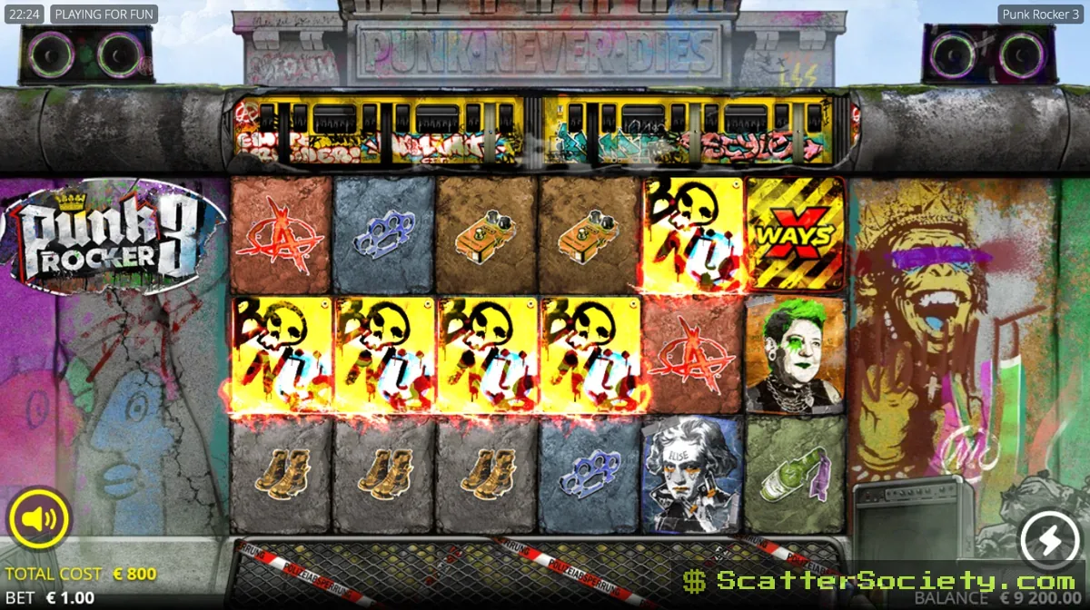 Punk Rocker 3 base game showing a green exploding wild symbol landing on the grid