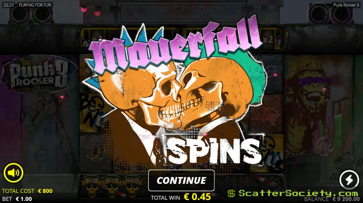 Punk Rocker 3 base game grid showing multiple prisoner and punk character symbols with x03 multiplier wilds and Both Ways banners