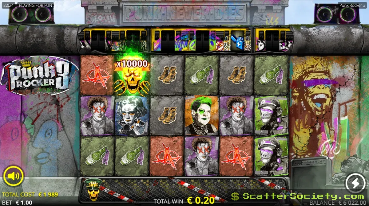 Punk Rocker 3 base game reels showing card royals and character symbols across a 6x3 grid