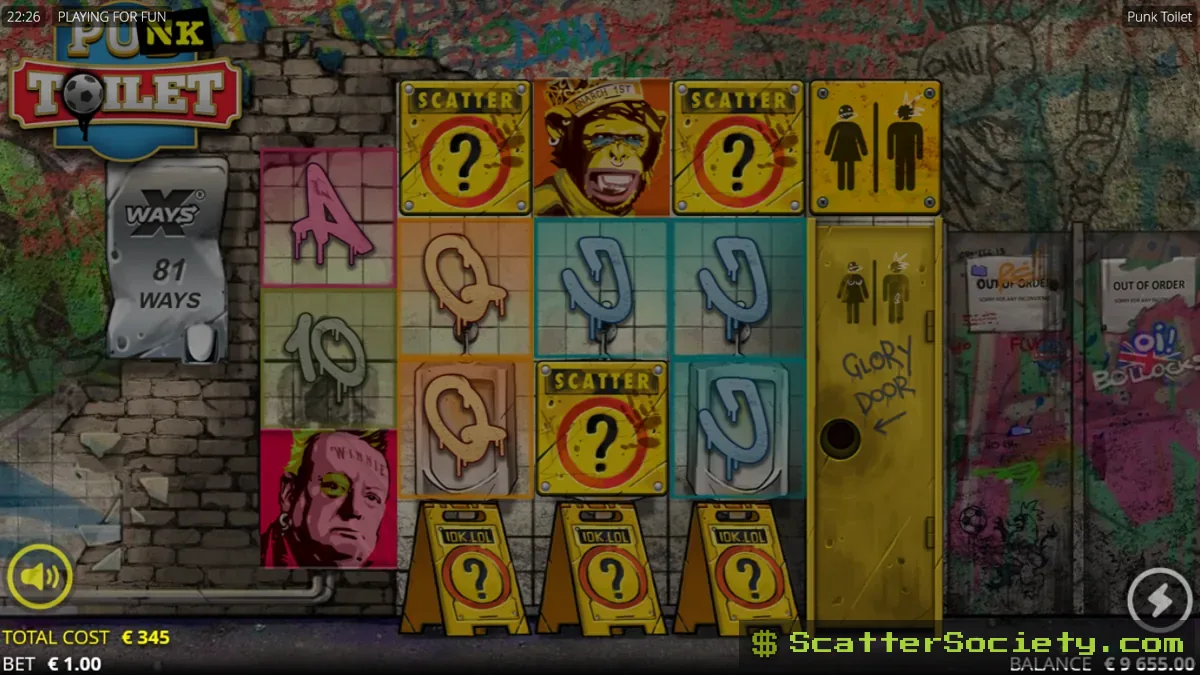 Punk Toilet base game grid showing the restricted 3-3-3-3-1 starting layout with an xSplit symbol expanding a row