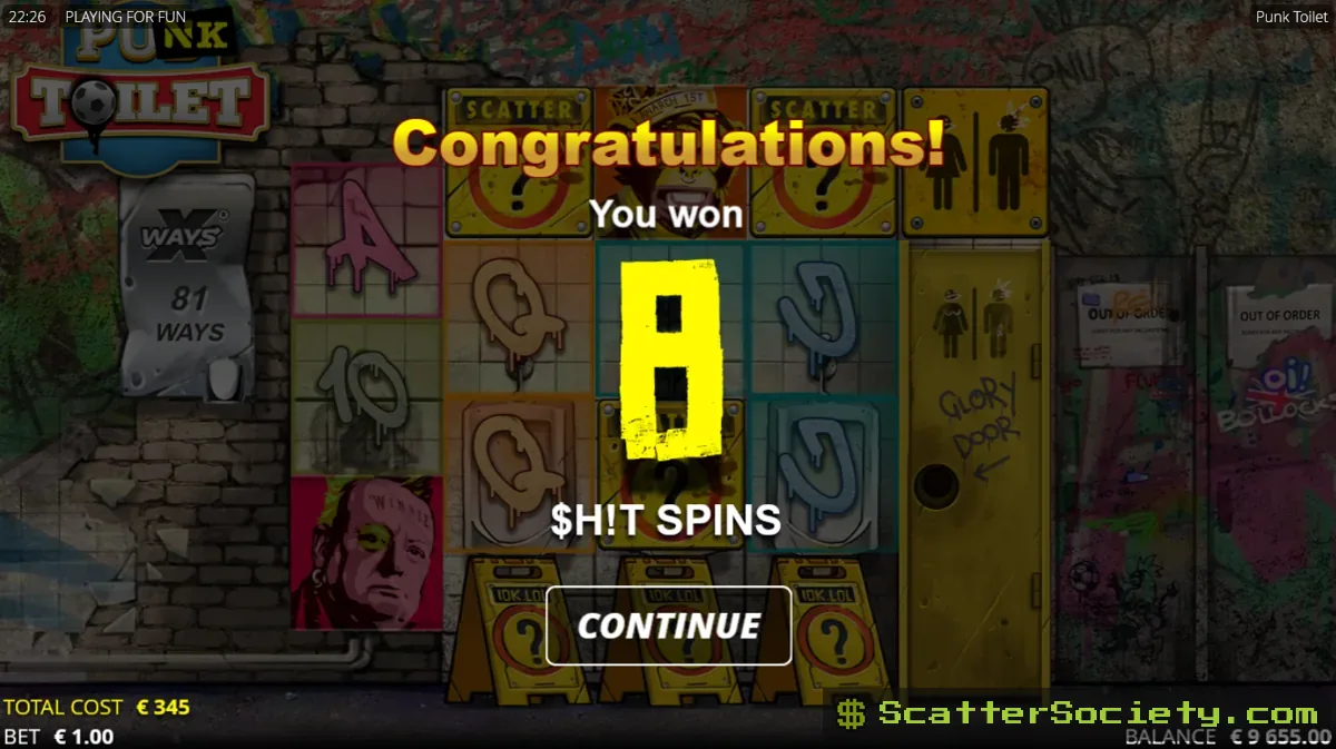 Punk Toilet grid showing the Glory Door feature revealing a large multiplier payout during an active spin
