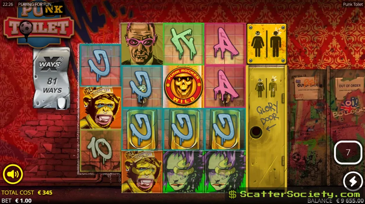 Punk Toilet Sh!t Spins bonus screen showing an expanded grid with multiple xSplit and xWays symbols stacking value
