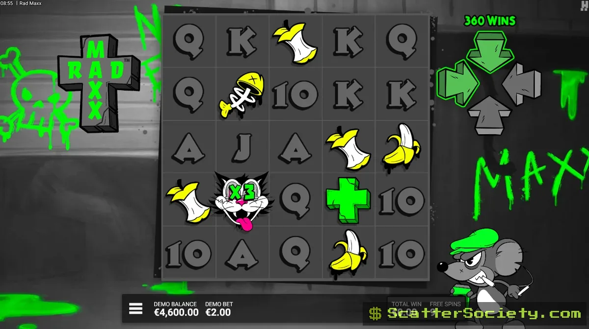 Rad Maxx grid showing multiple Crazy Cat multipliers combining together on a single winning line across the omnidirectional grid
