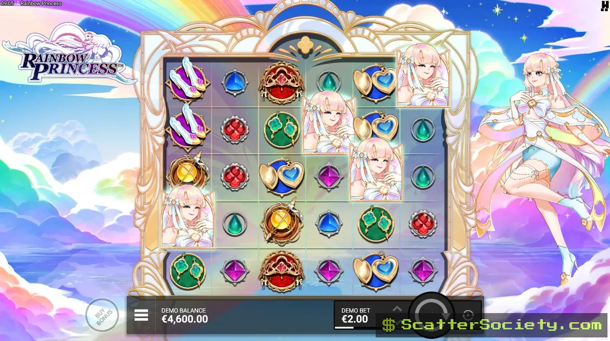 Rainbow Princess base game grid showing a Magic Frame Multiplier symbol among gemstone and cosmic themed icons