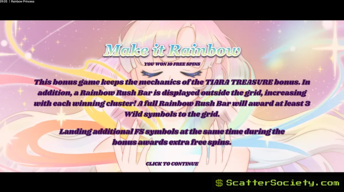 Rainbow Princess grid showing multiple Magic Frame Multipliers stacking together during an extended cluster win sequence