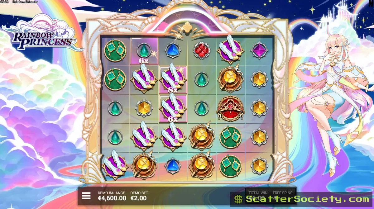 Rainbow Princess Make It Rainbow bonus screen showing multiple stacked Magic Frame Multipliers across the compact grid