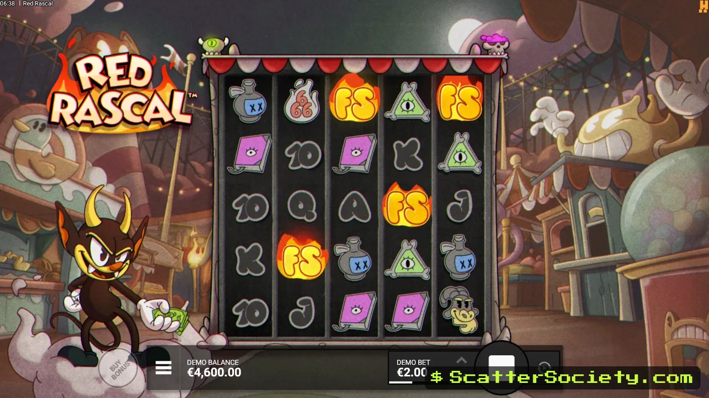 Red Rascal base game grid showing 3 Rascal symbols sticking to the reels and merging into a Colossal block