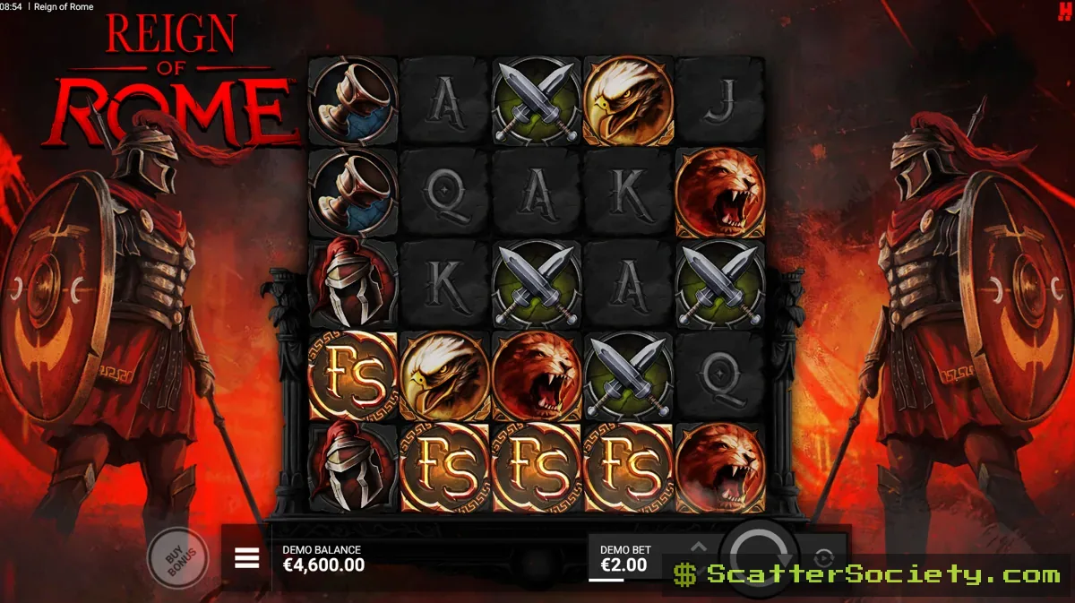 Reign of Rome base game grid showing a multiplying Tribute symbol positioned on reel 3 among Roman warrior themed icons