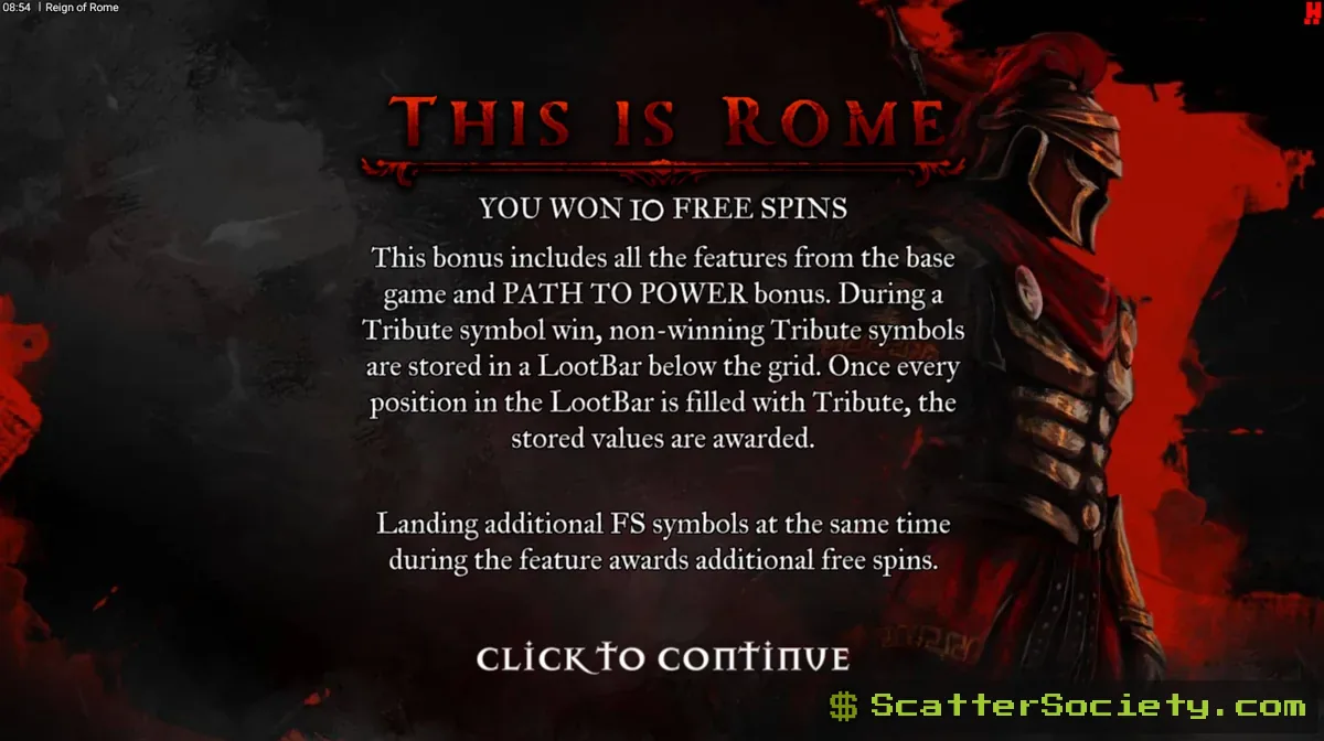 Reign of Rome grid showing multiple Tribute symbols with a growing multiplier value building toward the persistent LootBar