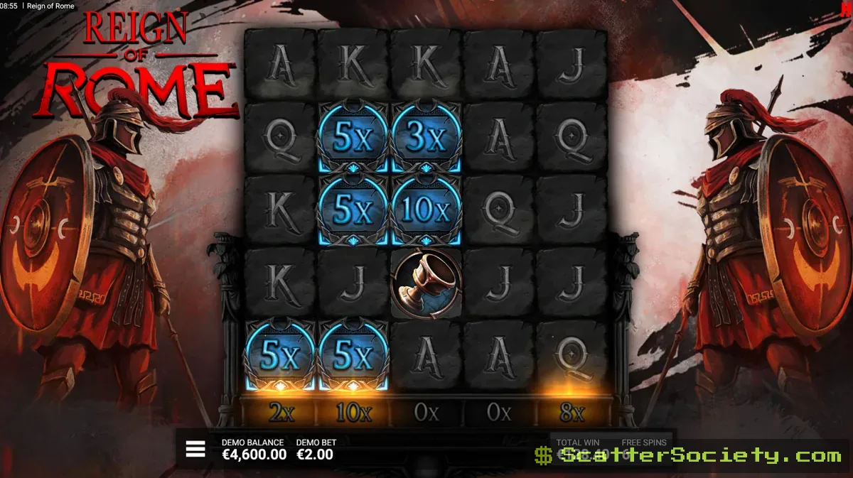 Reign of Rome Fight For Glory bonus screen showing every LootBar reel starting with a locked in 20x multiplier value