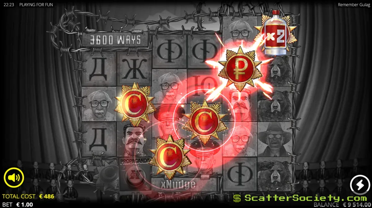 Remember Gulag base game grid showing an xNudge Wild symbol nudging into full view across the middle reels