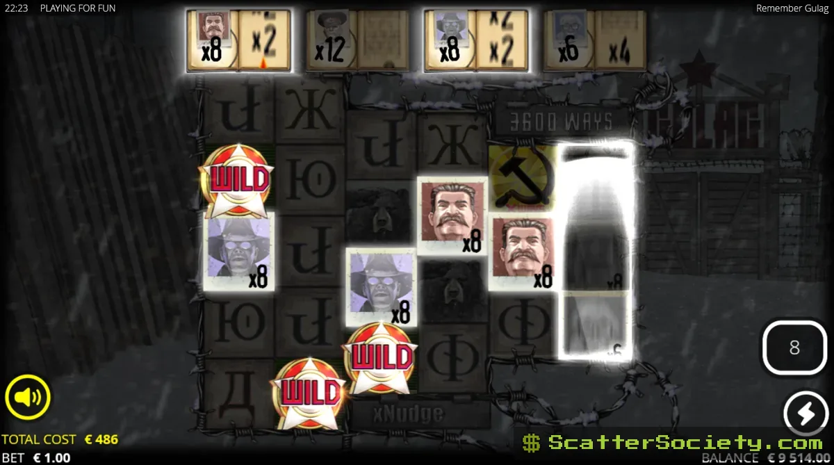 Remember Gulag Gulag Spins bonus screen showing an upgraded tier with a massively expanded grid and rising ways to win