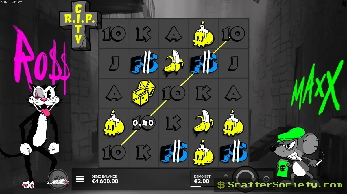 Rip City base game grid showing the Wild Cat symbol dropping down to expand across an entire reel