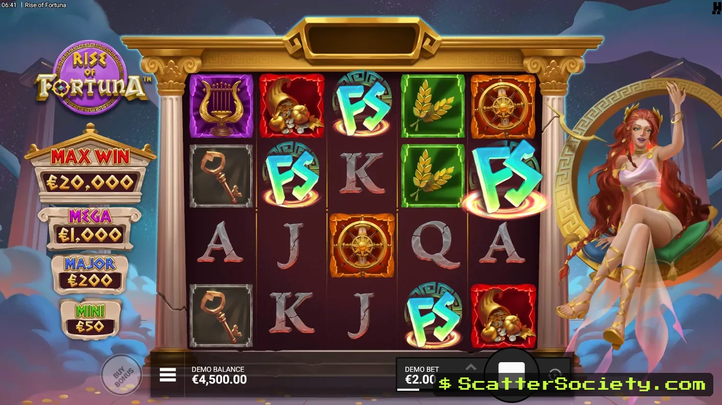 Rise of Fortuna base game grid showing a Fortuna Wheel activating on the left reel after a winning combination