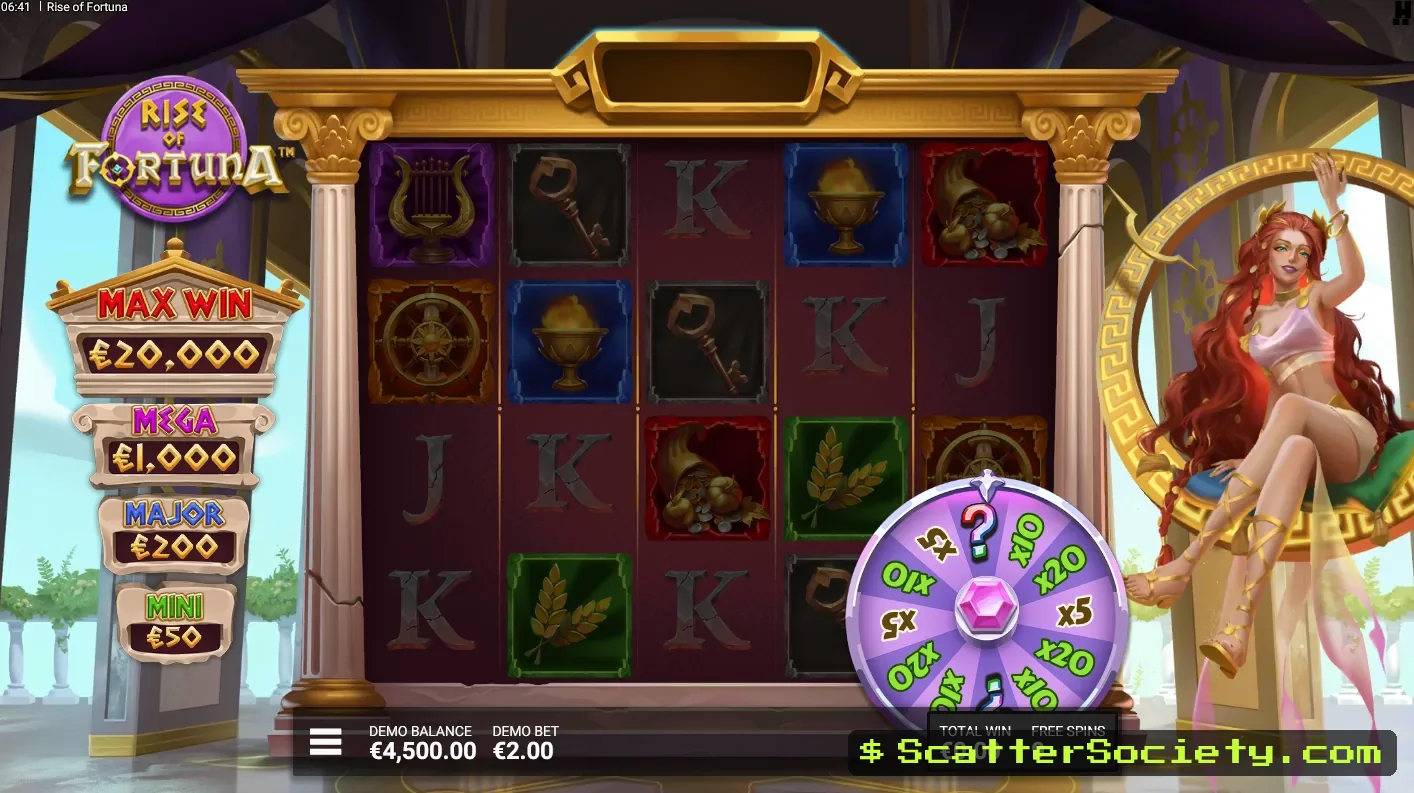 Rise of Fortuna Fortune is Blind bonus screen showing 3 guaranteed Fortuna Wheels activating on a single spin