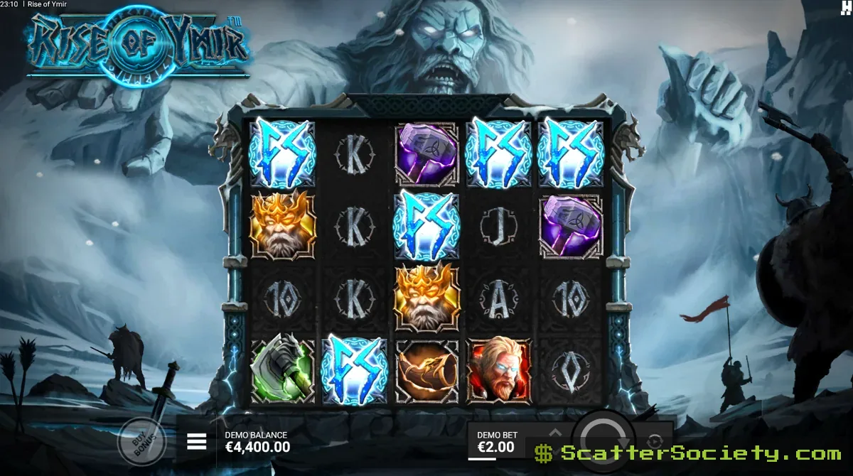 Rise of Ymir base game grid showing a sticky Ymir wild symbol carrying a multiplier value among Norse mythology themed icons