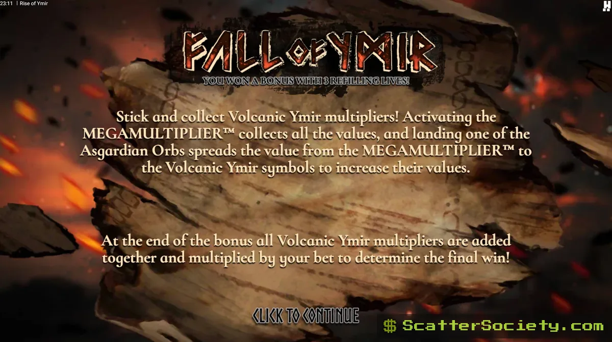 Rise of Ymir grid showing multiple sticky Ymir wilds accumulating a global Megamultiplier value across an extended respin sequence
