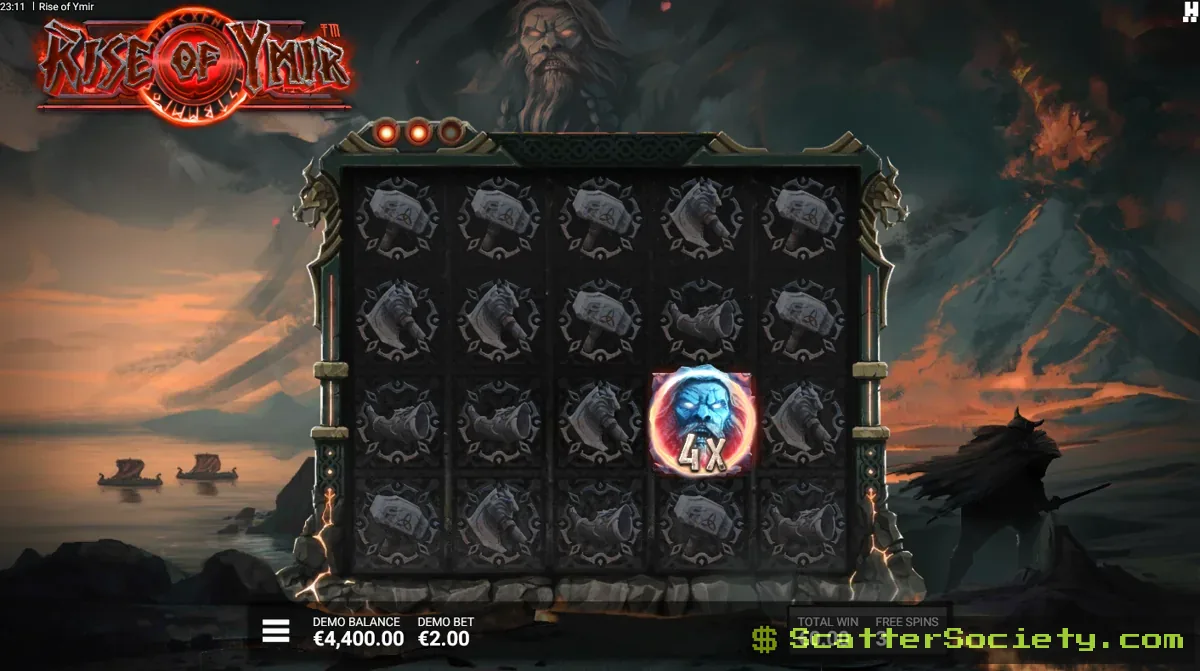 Rise of Ymir Fall of Ymir bonus screen showing the lives mechanic and a Volcanic Ymir symbol building toward a massive payout