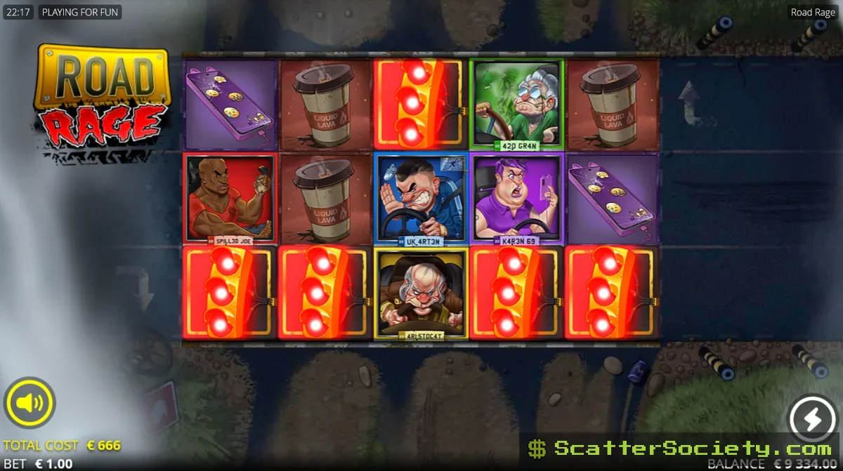 Road Rage base game grid showing a yellow Wild Car symbol triggering an engine breakdown that enlarges symbols on its reel