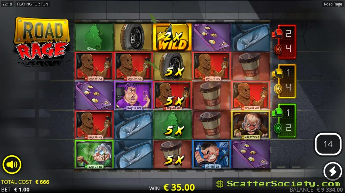 Road Rage City Mayh3m bonus screen showing three sticky Wild Car symbols locked in place with rising multiplier values
