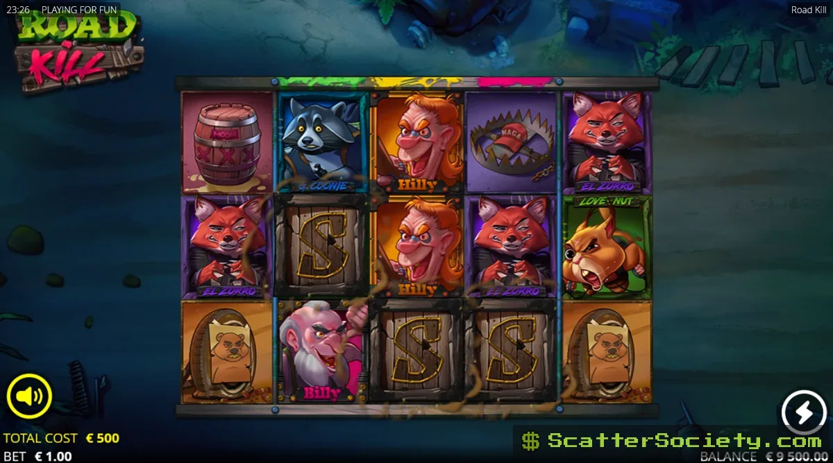 Roadkill base game grid showing a Jumping Wild bear symbol substituting for regular symbols across the reels