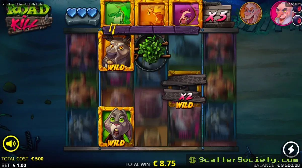 Roadkill Roadblock feature showing Jumping Wild symbols expanded across entire rows in the Battle Area