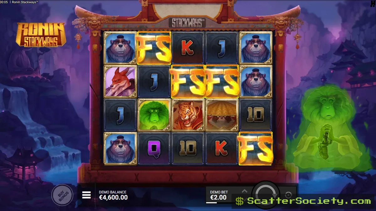 Ronin Stackways base game grid showing a Stackways symbol stacking multiple matching samurai symbols on a single reel