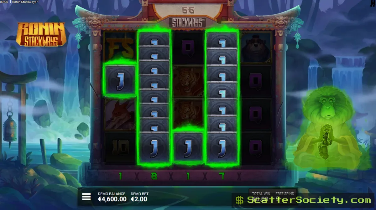 Ronin Stackways Super Stack Spins bonus screen showing the top-tier Stackways symbol fully stacking across an entire reel