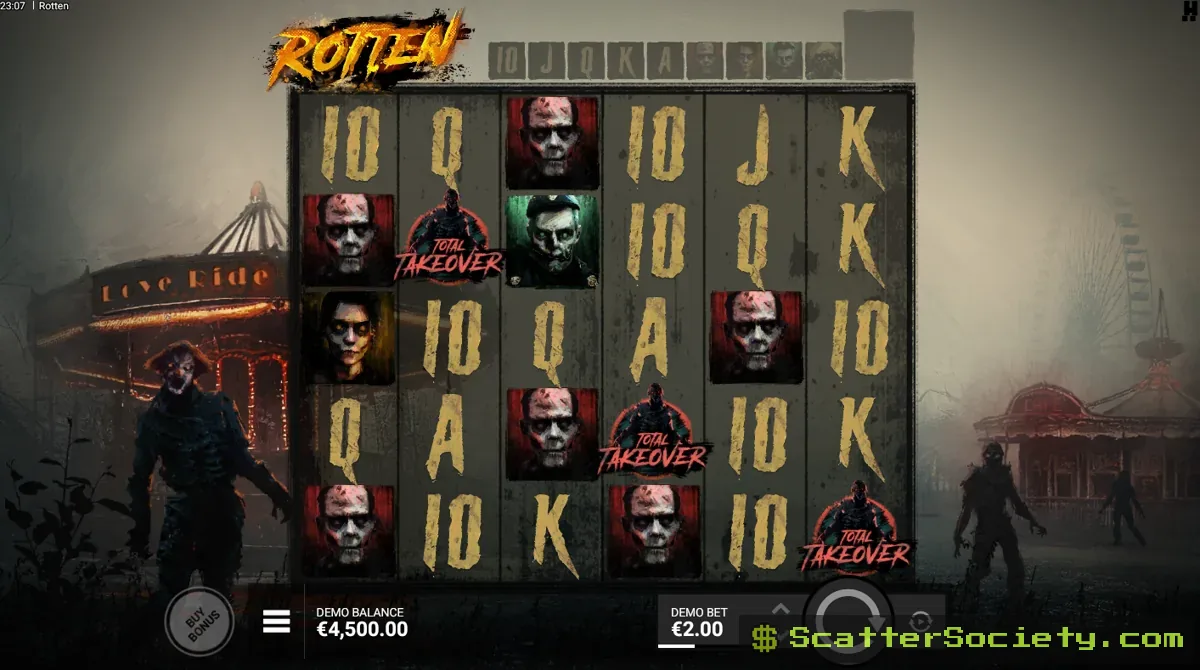 Rotten base game grid showing a Switch symbol landing among clown zombie and skeleton monster symbols