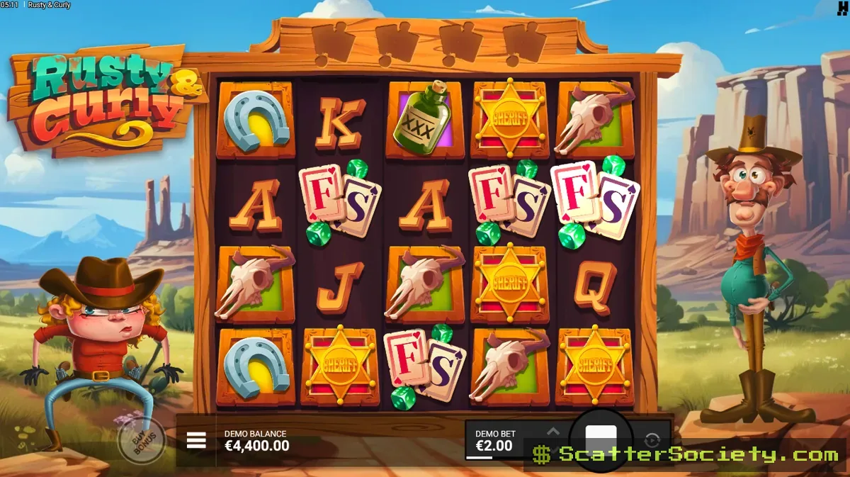 Rusty and Curly base game grid showing a sticky Wild Poster symbol with attached hearts remaining in place through a respin