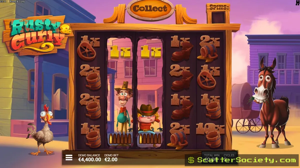 Rusty and Curly Stick to the Plan bonus screen showing multiple sticky Wild Poster symbols compounding multipliers across the round