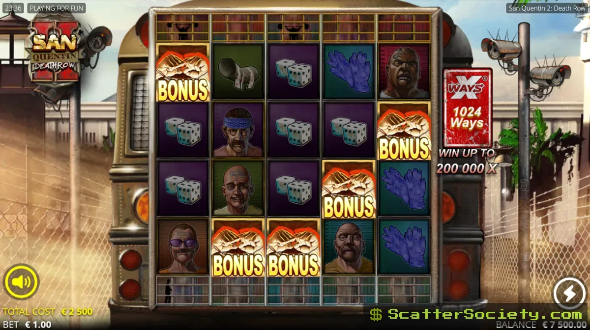San Quentin 2 Death Row base game grid showing an unlocked Enhancer Cell revealing a Razor Split symbol above the reels