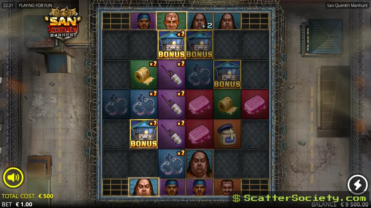 San Quentin Manhunt expanding grid showing multiple prisoner and inmate symbols during a cascade