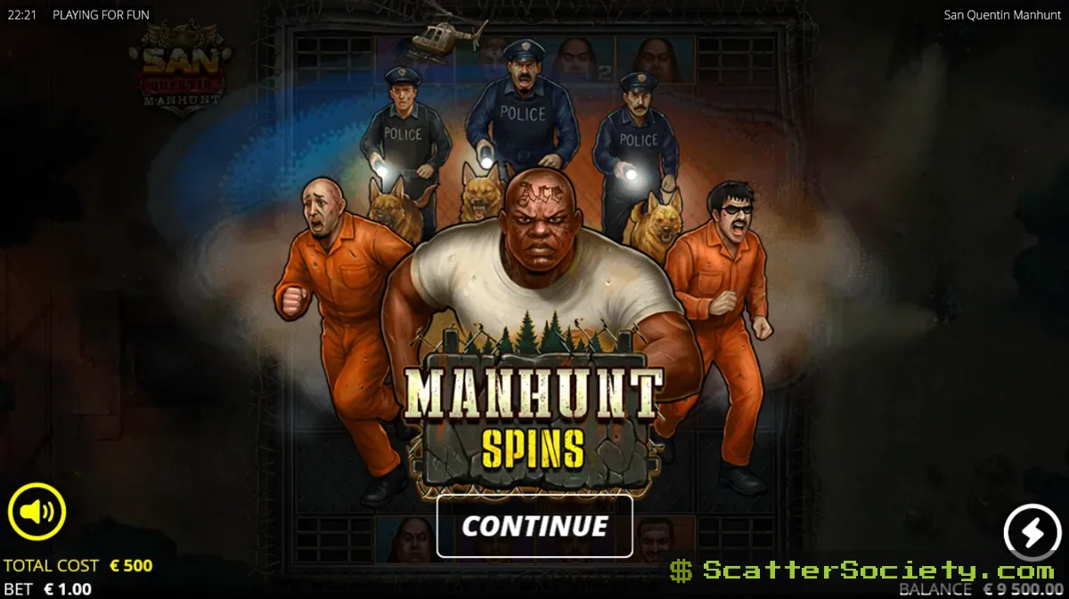 San Quentin Manhunt bonus intro screen showing 7 unlocked positions and two padlock symbols before the Continue button