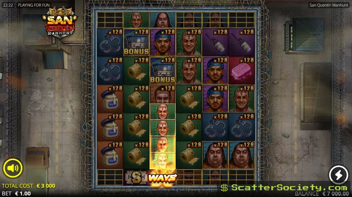 San Quentin Manhunt bonus round grid filled entirely with x03 multiplier prisoner symbols and Both Ways banners