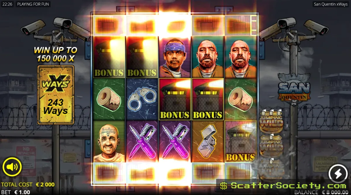 San Quentin xWays base game grid showing a locked Enhancer Cell above the reels revealing a Razor Split symbol
