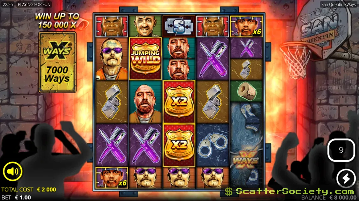 San Quentin xWays Lockdown Spins bonus screen showing multiple Jumping Wilds with multiplier values approaching the 512x cap