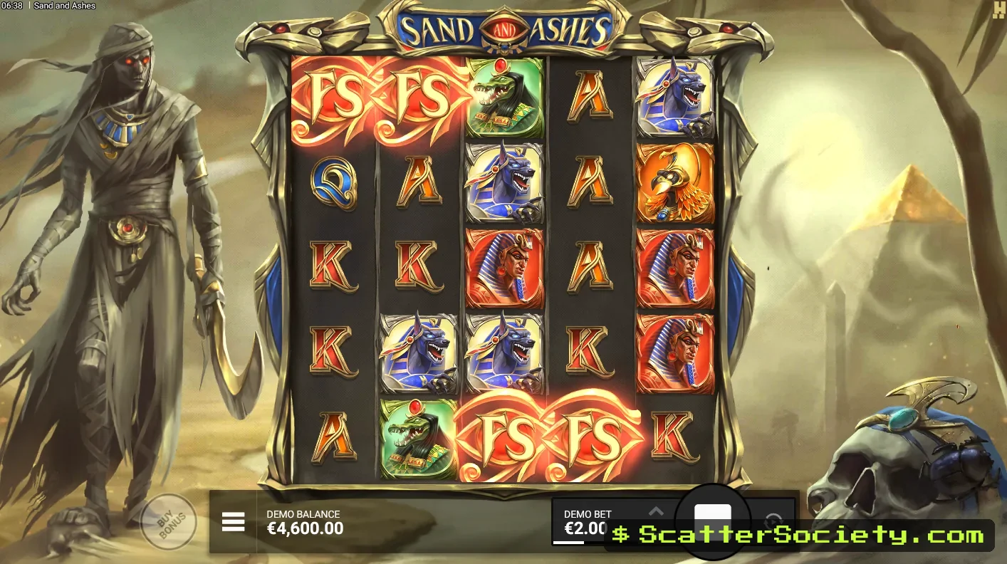 Sand and Ashes base game grid showing a Wild Scarab Multiplier symbol revealing a value and locking in place