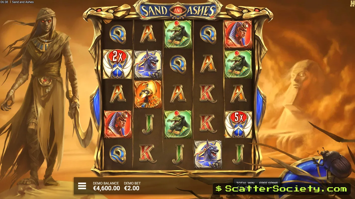 Sand and Ashes Storming Sphinx bonus screen showing persistent Wild Scarab Multipliers marching leftward across the grid