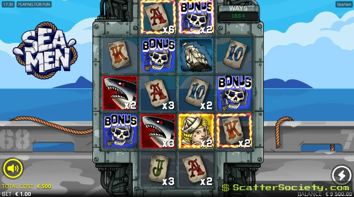 Seamen base game grid showing Fire Frame symbols building position multipliers across several reel positions