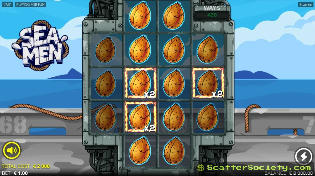 Seamen Super Rigged Spins bonus screen showing multiple Fire Frame symbols stacking position multipliers across the grid