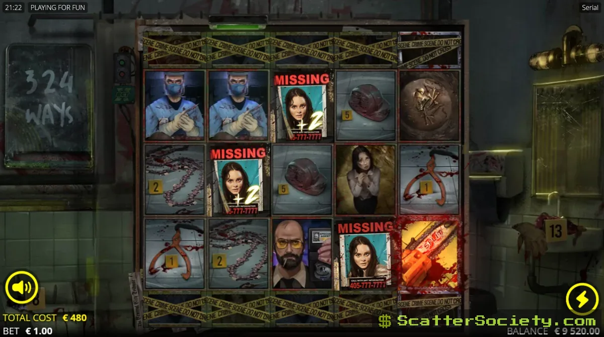 Serial base game grid showing winning symbols sticking in place while the rest of the reels respin