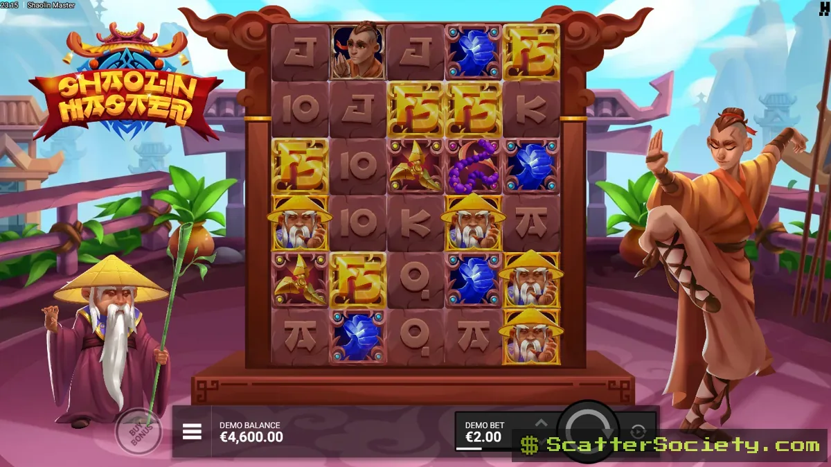 Shaolin Master base game grid showing a Chi Orb multiplier symbol among stone carved card ranks and martial arts icons