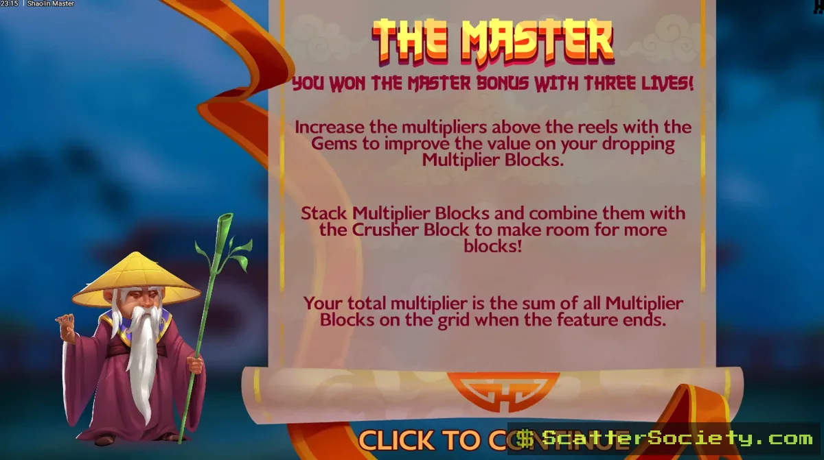Shaolin Master grid showing multiple Chi Orb multipliers stacking together during an extended cascading win sequence