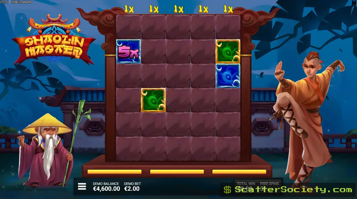 Shaolin Master The Master Bonus screen showing a hold and win style grid collecting multiplier values across several positions
