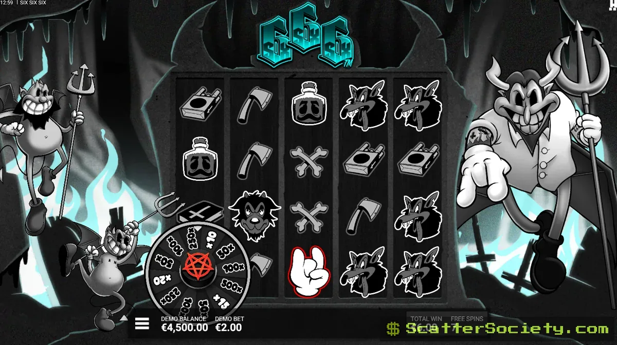 SixSixSix base game grid showing a 6 symbol landing on reel 3 alongside ominous devil themed icons