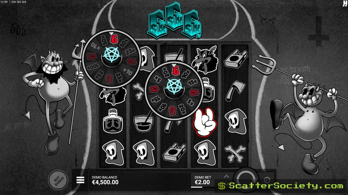 SixSixSix grid showing the Wicked Wheels feature spinning to reveal a multiplier value after three 6 symbols aligned
