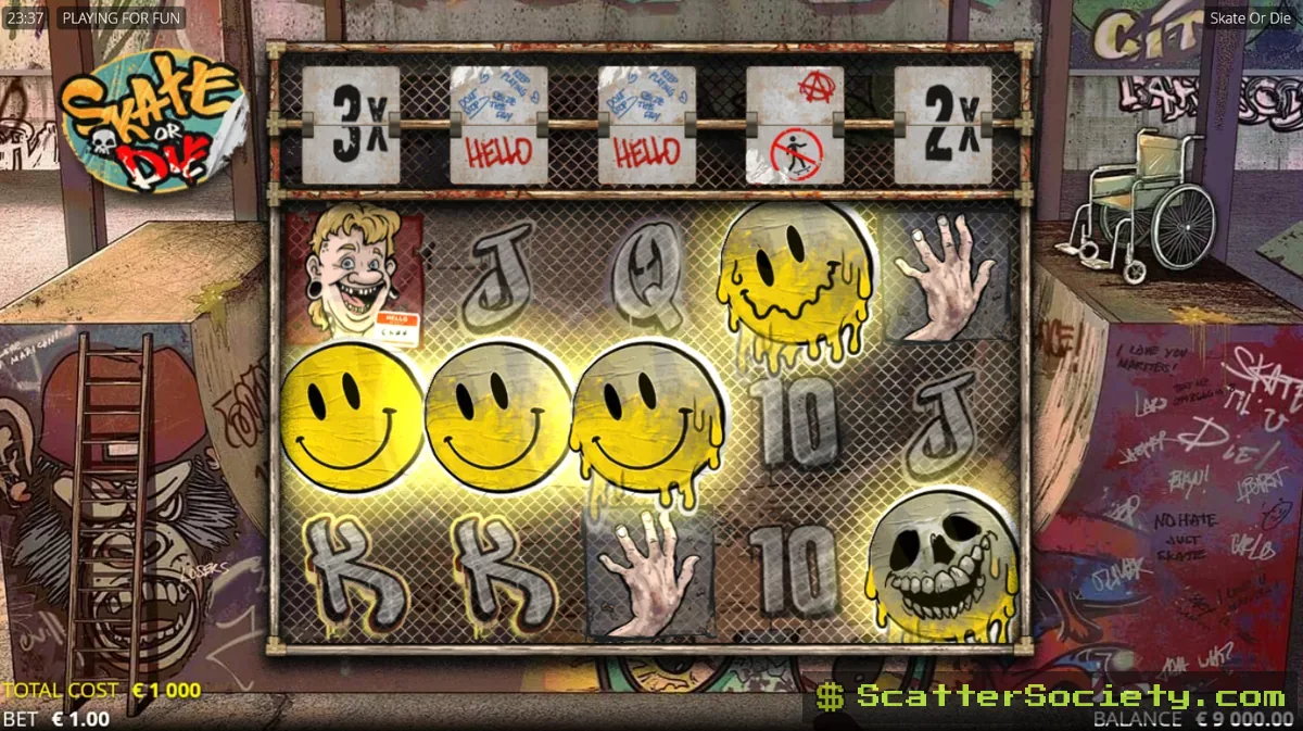 Skate or Die base game grid showing the Extra Sauce Row above the reels with multiplier values connected to xNudge Wild positions