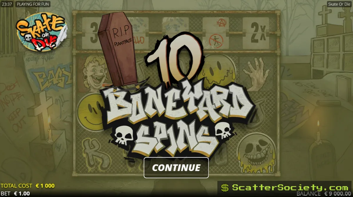 Skate or Die Crasher Game screen showing Chad mid-fall with a climbing multiplier and a STOP button