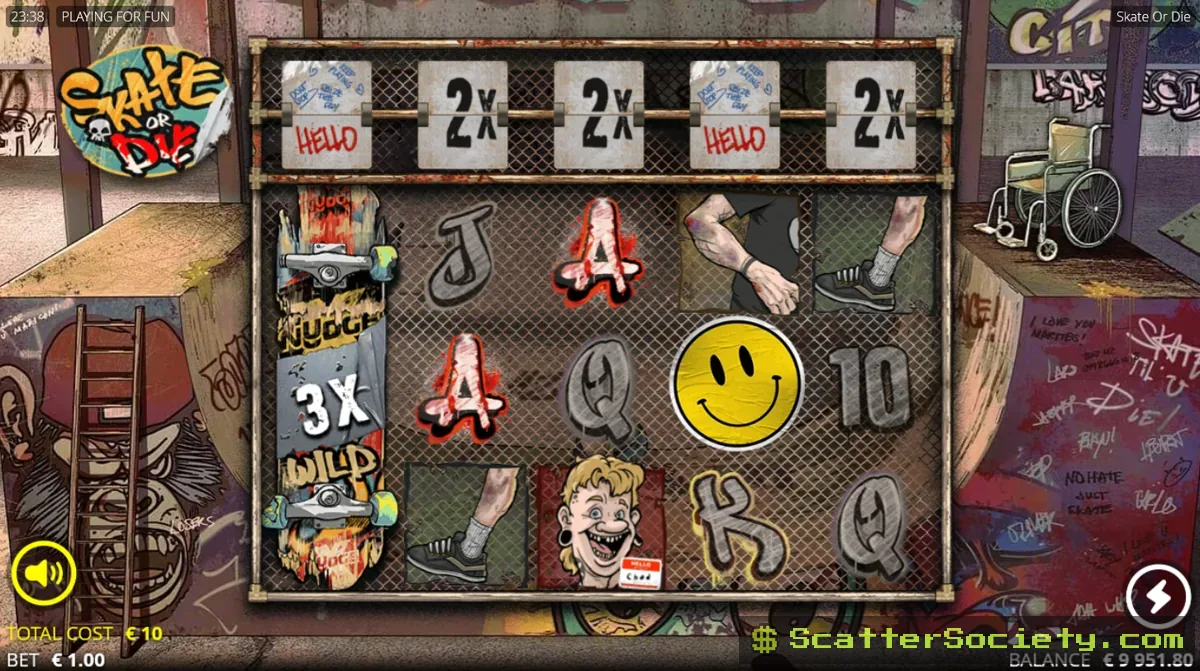 Skate or Die Boneyard Spins bonus screen showing the xNudge Wild Supreme absorbing multiple Extra Sauce Row multipliers simultaneously